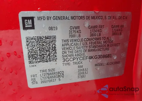 2019 Chevrolet Silverado 1500 Custom Trail Boss z USA, uszkodzony, nr VIN 3GCPYCEF4KG308681